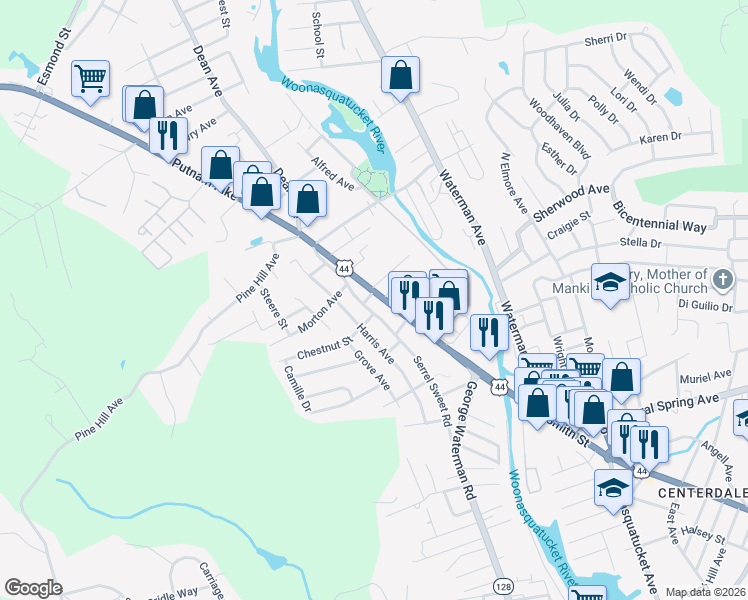 map of restaurants, bars, coffee shops, grocery stores, and more near 90 Putnam Pike in Johnston