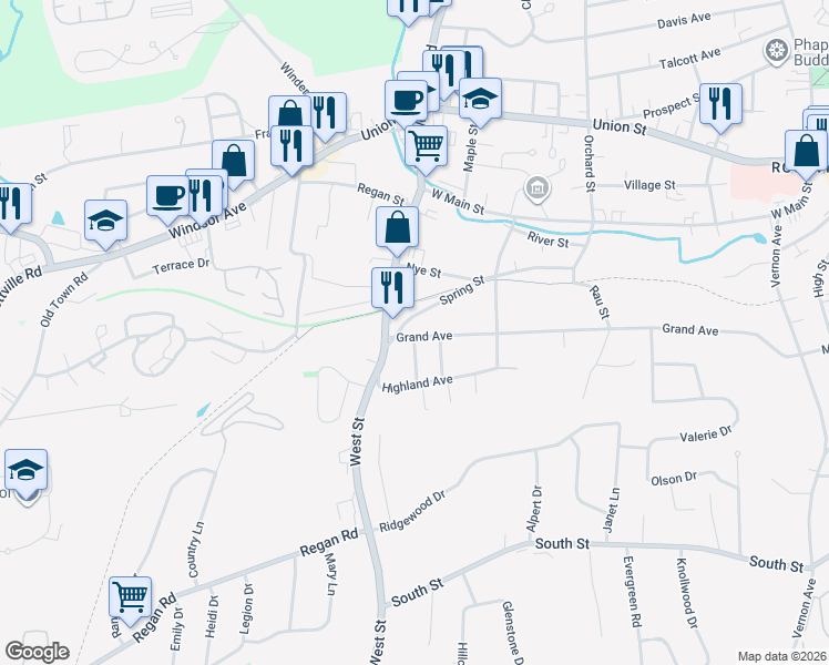 map of restaurants, bars, coffee shops, grocery stores, and more near 126 Grand Avenue in Vernon