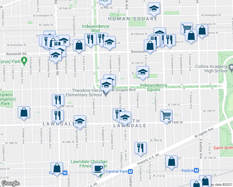 map of restaurants, bars, coffee shops, grocery stores, and more near 3643 West Douglas Boulevard in Chicago