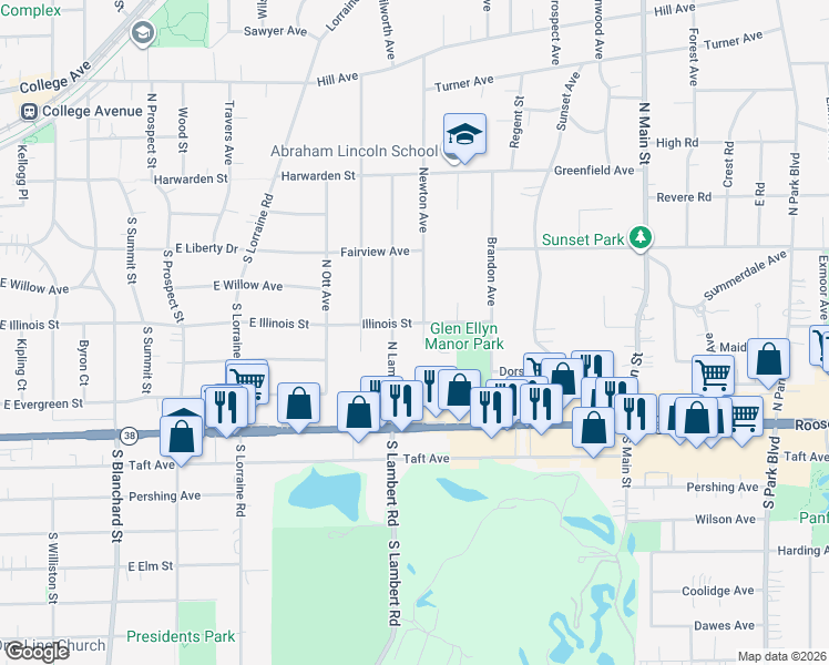 map of restaurants, bars, coffee shops, grocery stores, and more near 74 Newton Avenue in Glen Ellyn