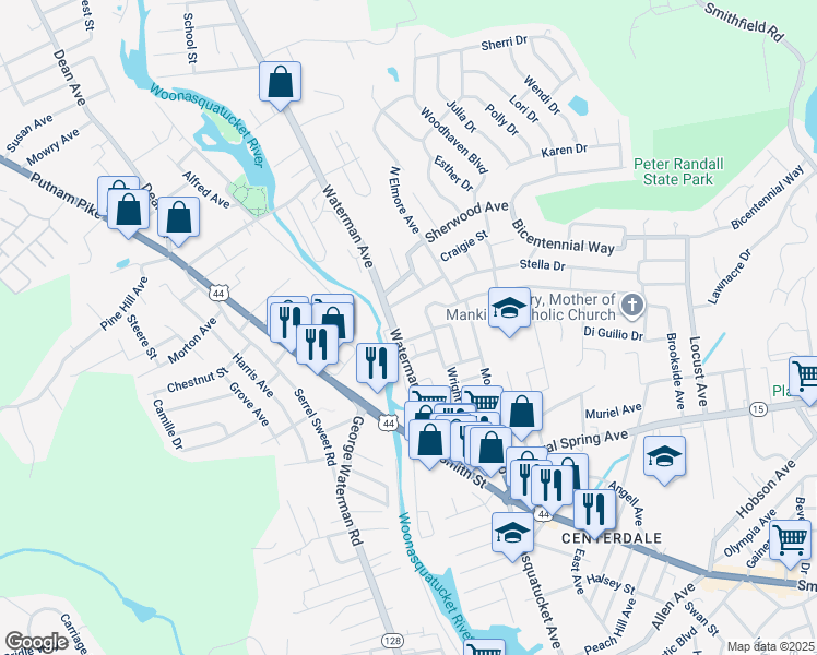 map of restaurants, bars, coffee shops, grocery stores, and more near 1 San Giovanni Drive in North Providence