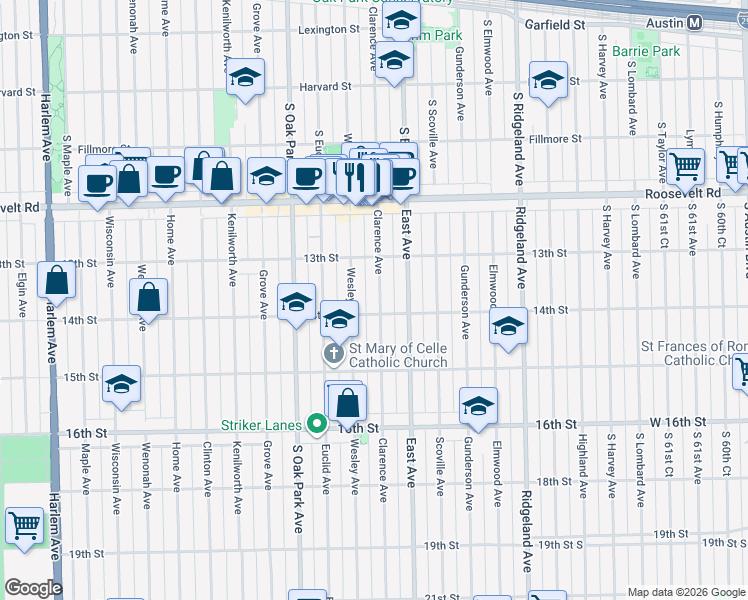 map of restaurants, bars, coffee shops, grocery stores, and more near 1336 Clarence Avenue in Berwyn