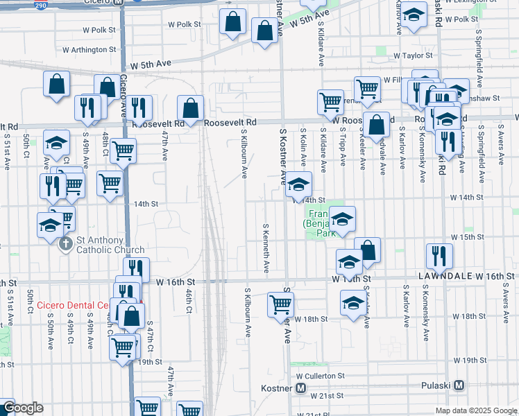 map of restaurants, bars, coffee shops, grocery stores, and more near 1408 South Kenneth Avenue in Chicago