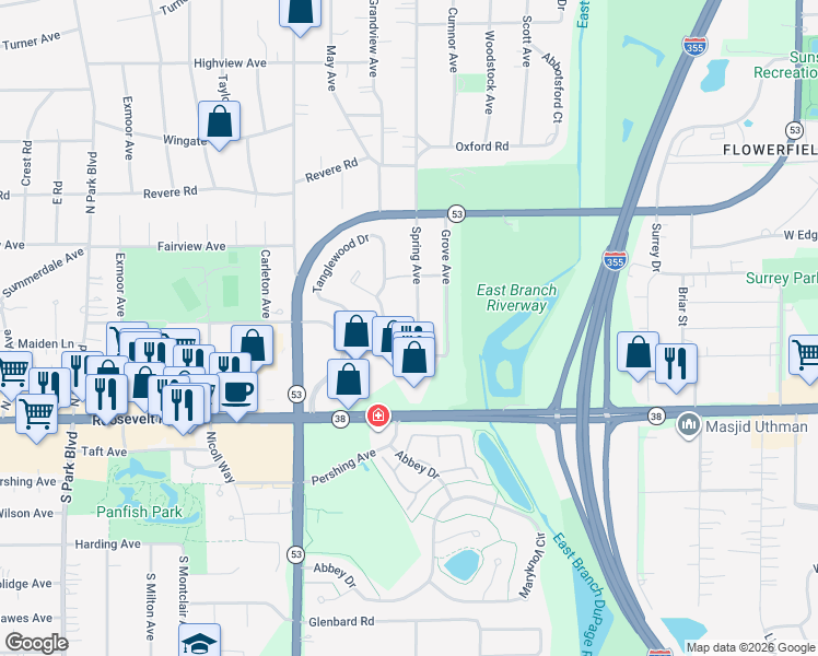 map of restaurants, bars, coffee shops, grocery stores, and more near 72 Spring Avenue in Glen Ellyn