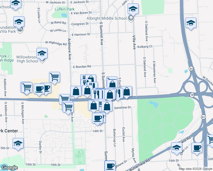 map of restaurants, bars, coffee shops, grocery stores, and more near 0S717 South Summit Avenue in Villa Park