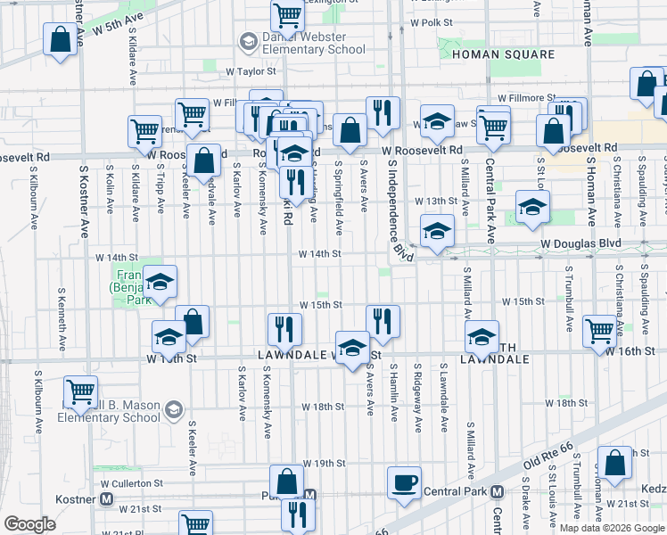 map of restaurants, bars, coffee shops, grocery stores, and more near 1414 South Springfield Avenue in Chicago