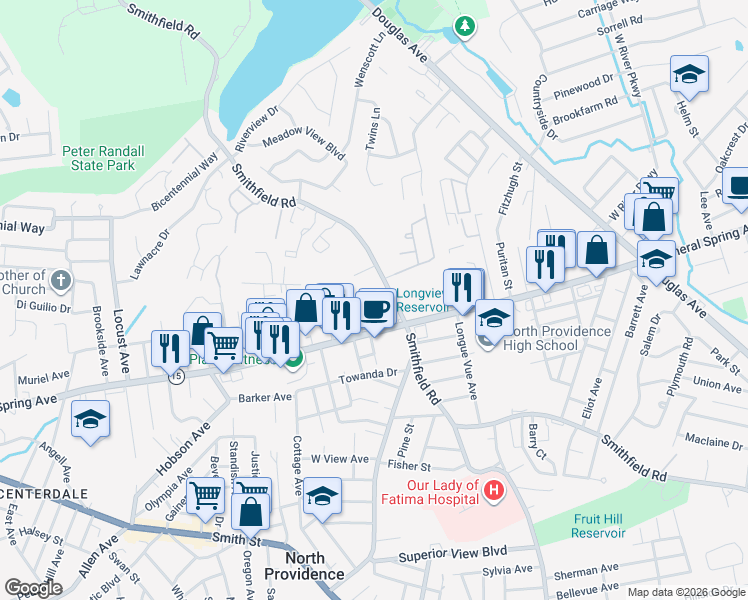 map of restaurants, bars, coffee shops, grocery stores, and more near 528 Smithfield Road in Providence