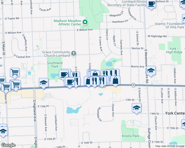 map of restaurants, bars, coffee shops, grocery stores, and more near 1171 South Edgewood Avenue in Lombard