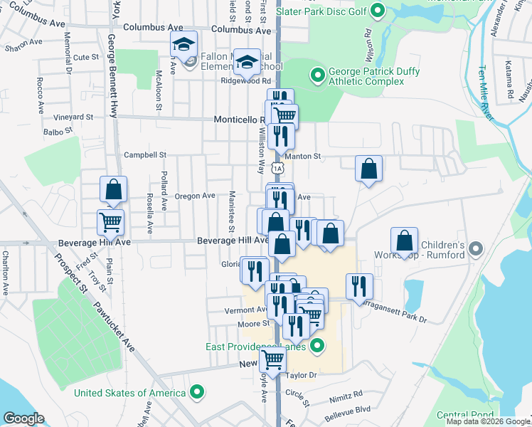 map of restaurants, bars, coffee shops, grocery stores, and more near 358 Williston Way in Pawtucket