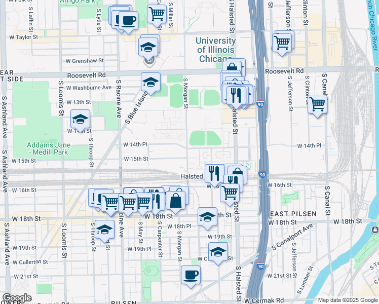 map of restaurants, bars, coffee shops, grocery stores, and more near 947 West 14th Place in Chicago