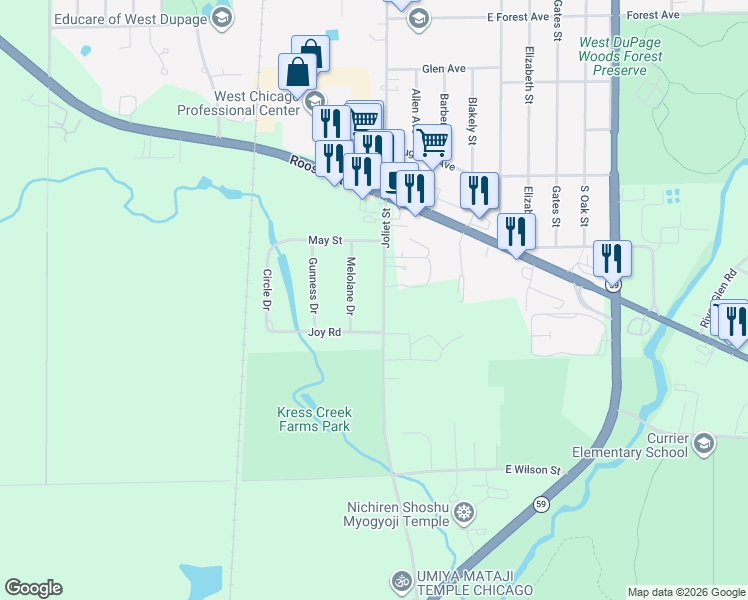 map of restaurants, bars, coffee shops, grocery stores, and more near 1478 Joliet Street in West Chicago