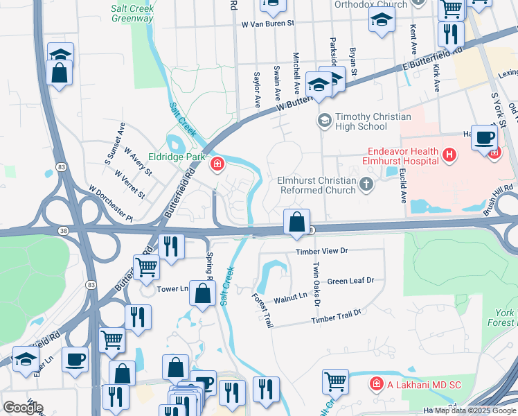 map of restaurants, bars, coffee shops, grocery stores, and more near 1078 Elm Creek Lane in Elmhurst