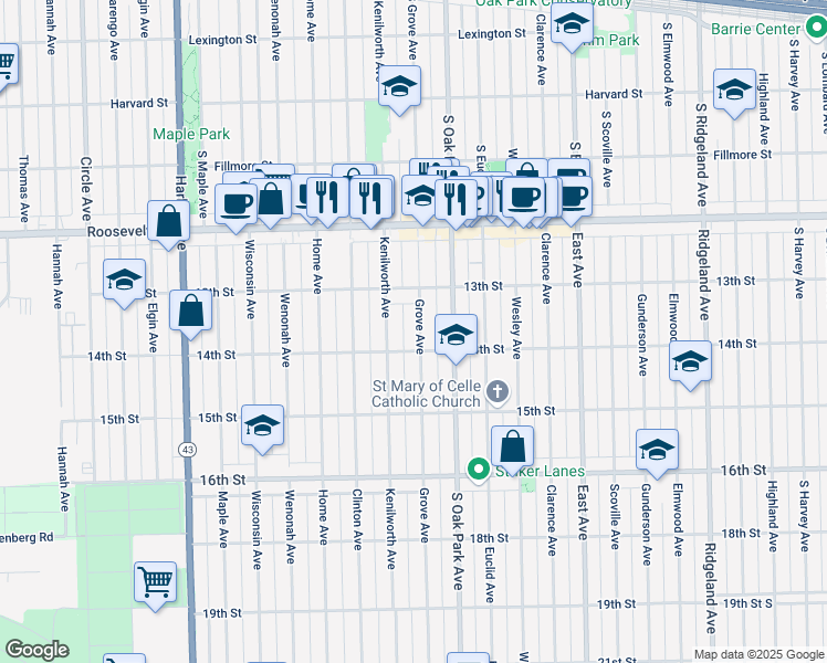 map of restaurants, bars, coffee shops, grocery stores, and more near 1336 Grove Avenue in Berwyn