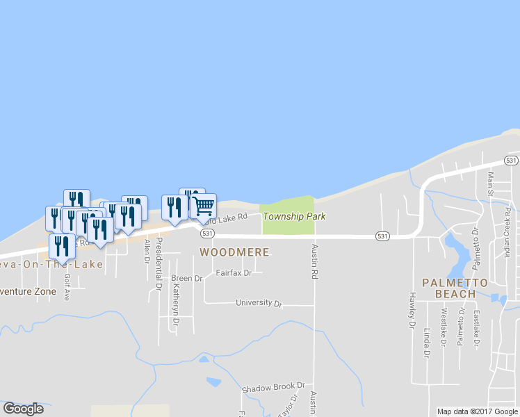 map of restaurants, bars, coffee shops, grocery stores, and more near 5137 Old Lake Road in Geneva