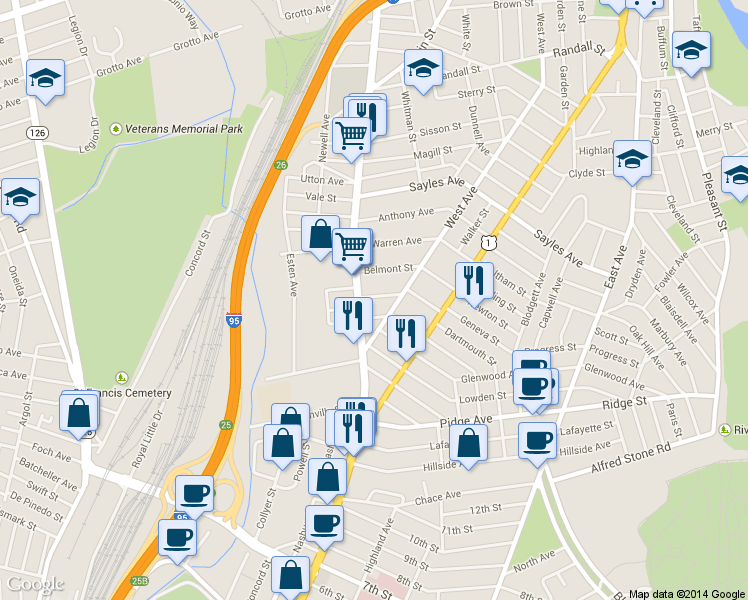 map of restaurants, bars, coffee shops, grocery stores, and more near 28 Heaton Street in Pawtucket