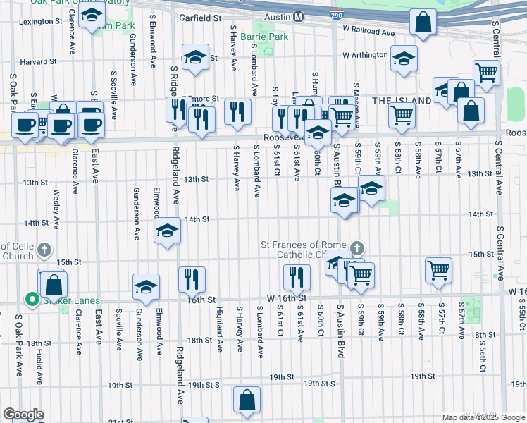 map of restaurants, bars, coffee shops, grocery stores, and more near 1341 South Lombard Avenue in Cicero