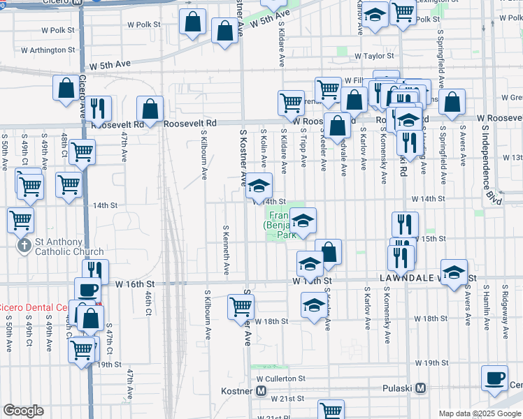 map of restaurants, bars, coffee shops, grocery stores, and more near 1402 South Kolin Avenue in Chicago