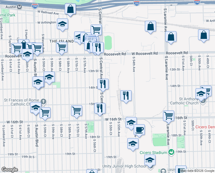 map of restaurants, bars, coffee shops, grocery stores, and more near 1342 South 55th Court in Cicero