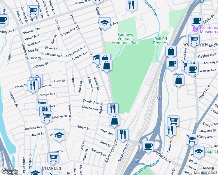 map of restaurants, bars, coffee shops, grocery stores, and more near 114 Smithfield Avenue in Pawtucket