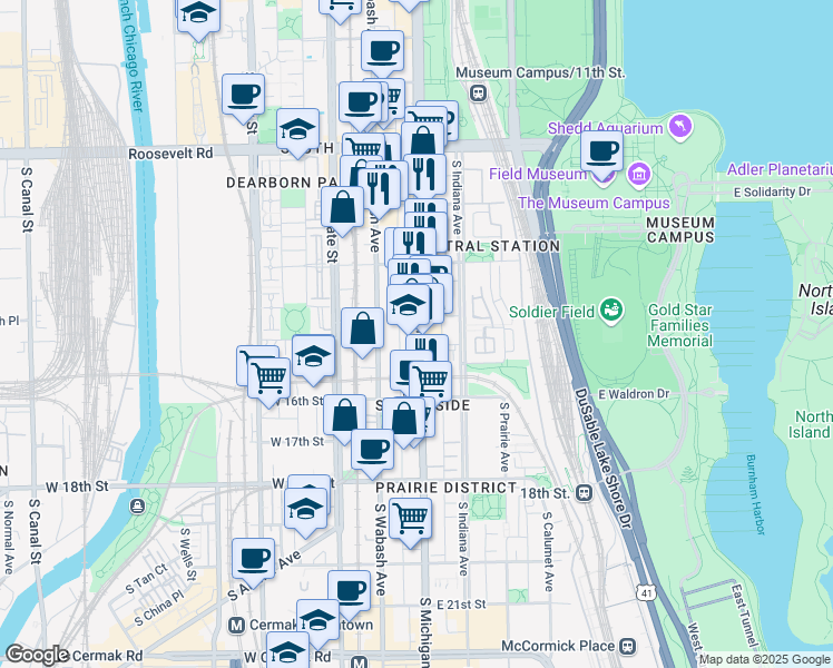 map of restaurants, bars, coffee shops, grocery stores, and more near 1470 Michigan Avenue in Chicago