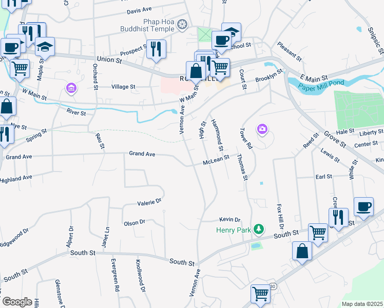 map of restaurants, bars, coffee shops, grocery stores, and more near 51 Vernon Avenue in Vernon