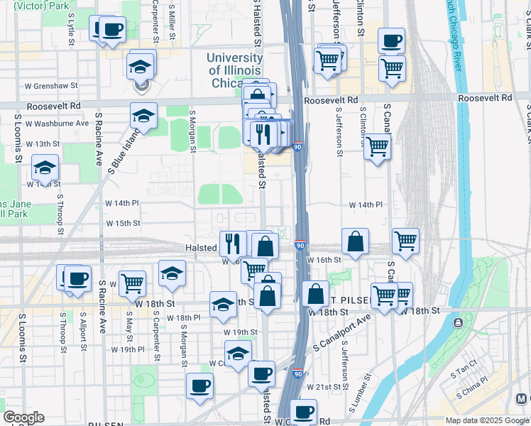 map of restaurants, bars, coffee shops, grocery stores, and more near 1451 South Halsted Street in Chicago