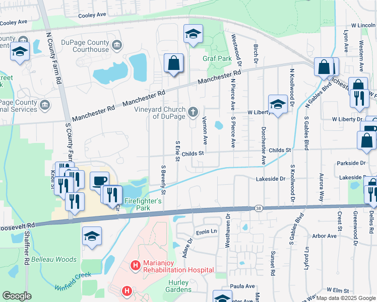 map of restaurants, bars, coffee shops, grocery stores, and more near 318 Shirley Court in Wheaton
