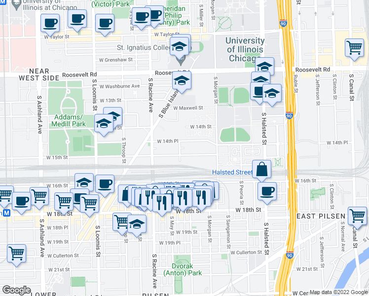 map of restaurants, bars, coffee shops, grocery stores, and more near West South Water Market in Chicago