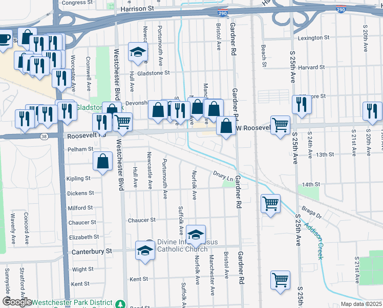 map of restaurants, bars, coffee shops, grocery stores, and more near 1308 Suffolk Avenue in Westchester