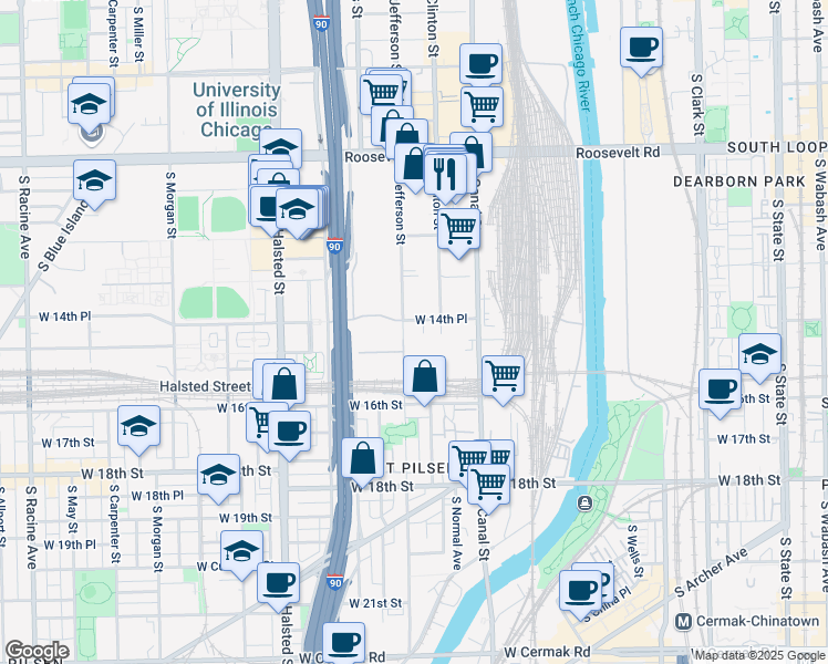 map of restaurants, bars, coffee shops, grocery stores, and more near 1500 South Jefferson Street in Chicago