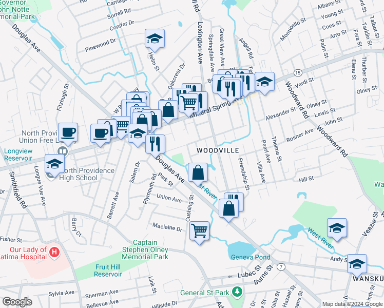 map of restaurants, bars, coffee shops, grocery stores, and more near 2 Clifford Street in North Providence