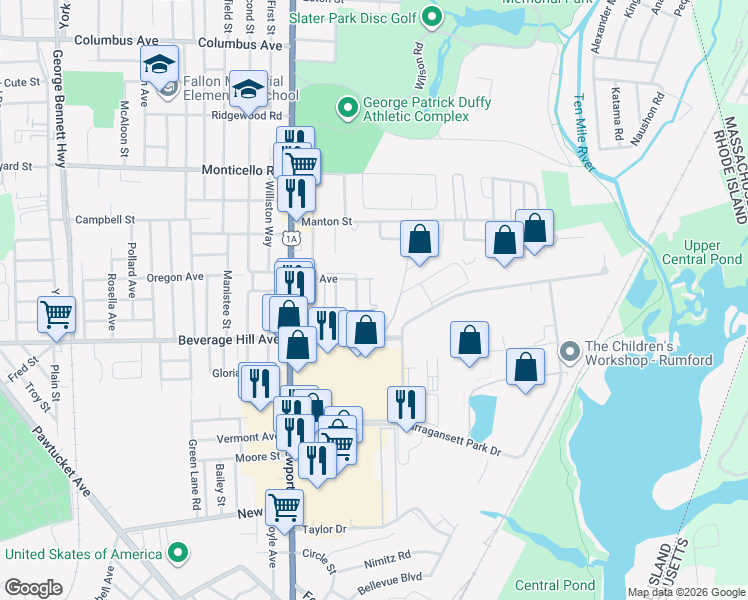map of restaurants, bars, coffee shops, grocery stores, and more near 728 Beverage Hill Avenue in Pawtucket