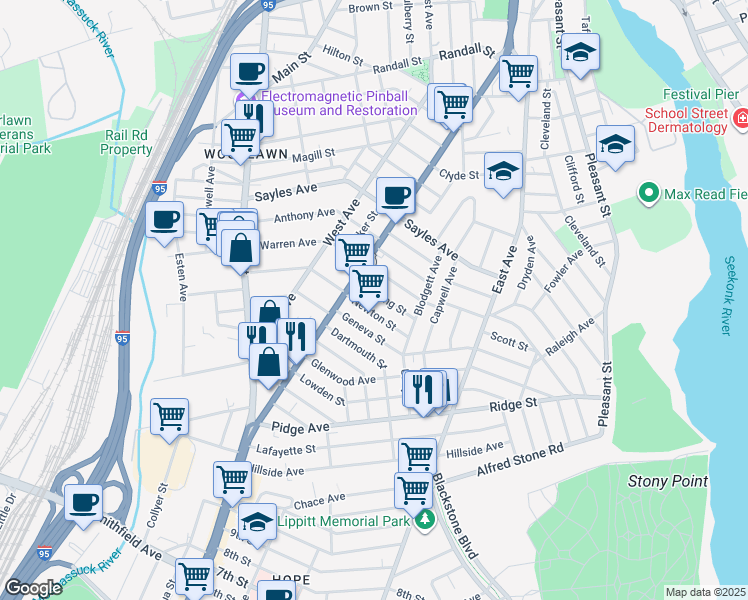 map of restaurants, bars, coffee shops, grocery stores, and more near 87 Newton Street in Pawtucket