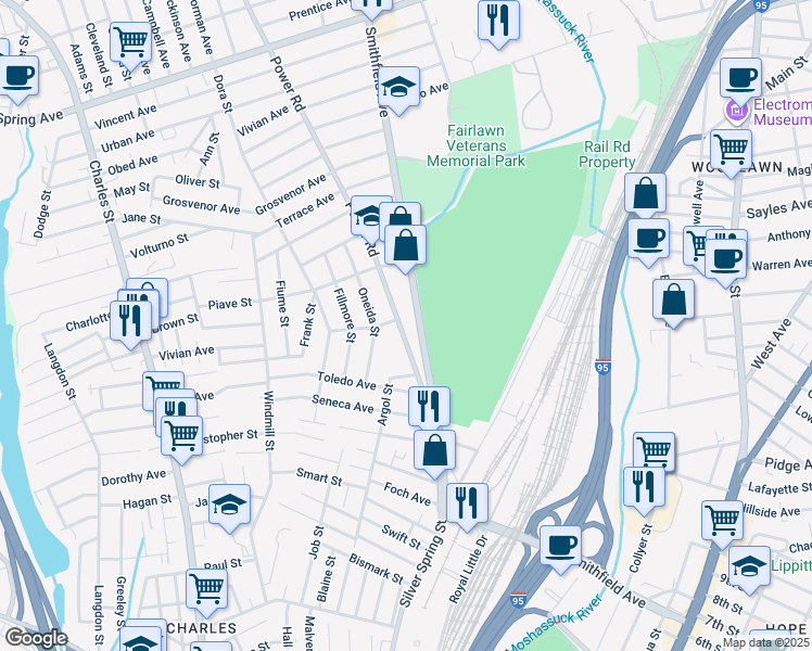 map of restaurants, bars, coffee shops, grocery stores, and more near 114 Smithfield Avenue in Pawtucket
