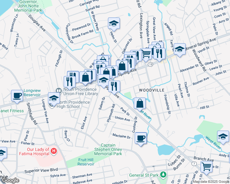 map of restaurants, bars, coffee shops, grocery stores, and more near 1349 Douglas Avenue in North Providence