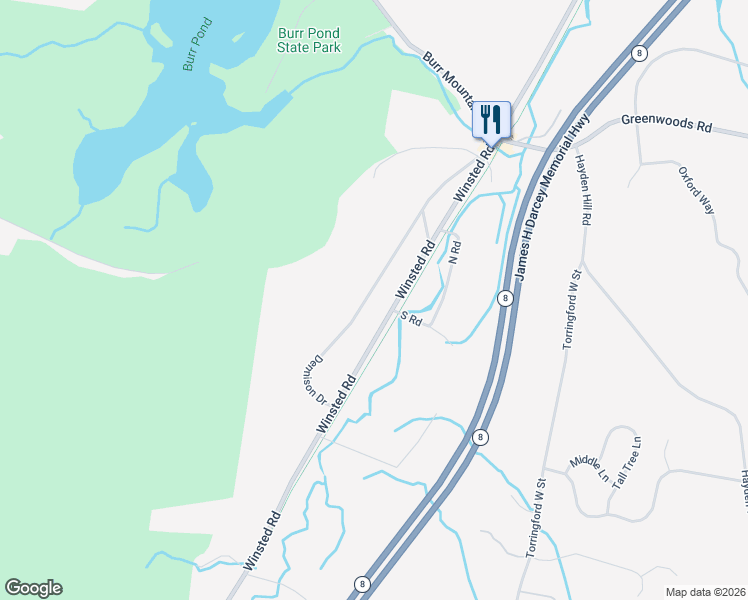 map of restaurants, bars, coffee shops, grocery stores, and more near 240 Dennison Drive in Torrington