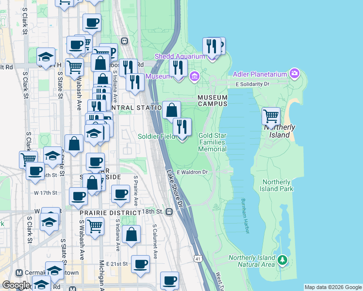 map of restaurants, bars, coffee shops, grocery stores, and more near 1410 South Museum Campus Drive in Chicago