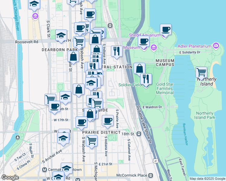 map of restaurants, bars, coffee shops, grocery stores, and more near 1512 South Prairie Avenue in Chicago