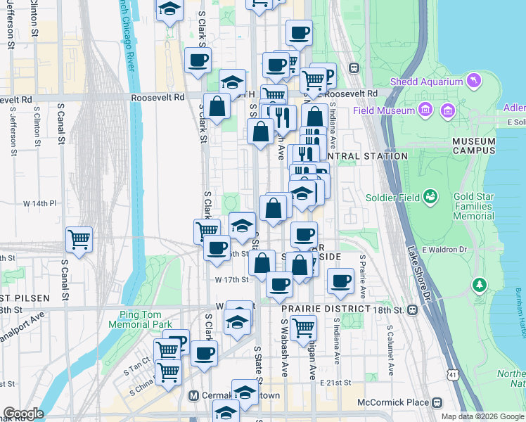 map of restaurants, bars, coffee shops, grocery stores, and more near 1463 South State Street in Chicago
