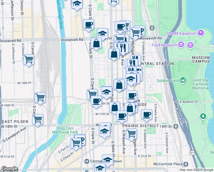 map of restaurants, bars, coffee shops, grocery stores, and more near 20P West 15th Street in Chicago