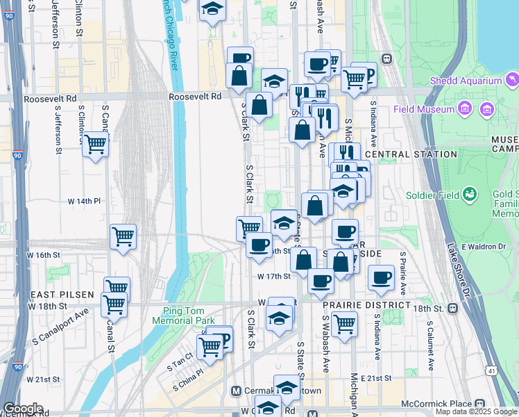map of restaurants, bars, coffee shops, grocery stores, and more near 66 West 15th Street in Chicago