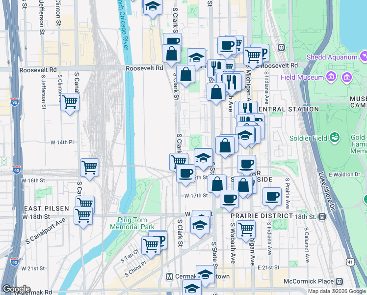 map of restaurants, bars, coffee shops, grocery stores, and more near 66 West 15th Street in Chicago