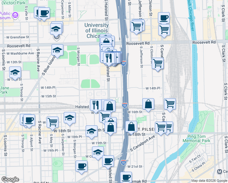 map of restaurants, bars, coffee shops, grocery stores, and more near 1455 South Halsted Street in Chicago