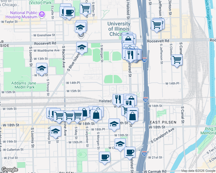 map of restaurants, bars, coffee shops, grocery stores, and more near 912 West Village Court in Chicago