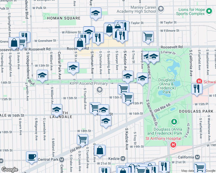 map of restaurants, bars, coffee shops, grocery stores, and more near 1407 South Spaulding Avenue in Chicago