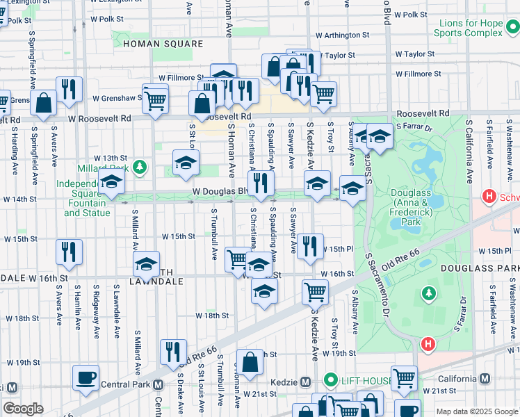 map of restaurants, bars, coffee shops, grocery stores, and more near 3341 West Douglas Boulevard in Chicago