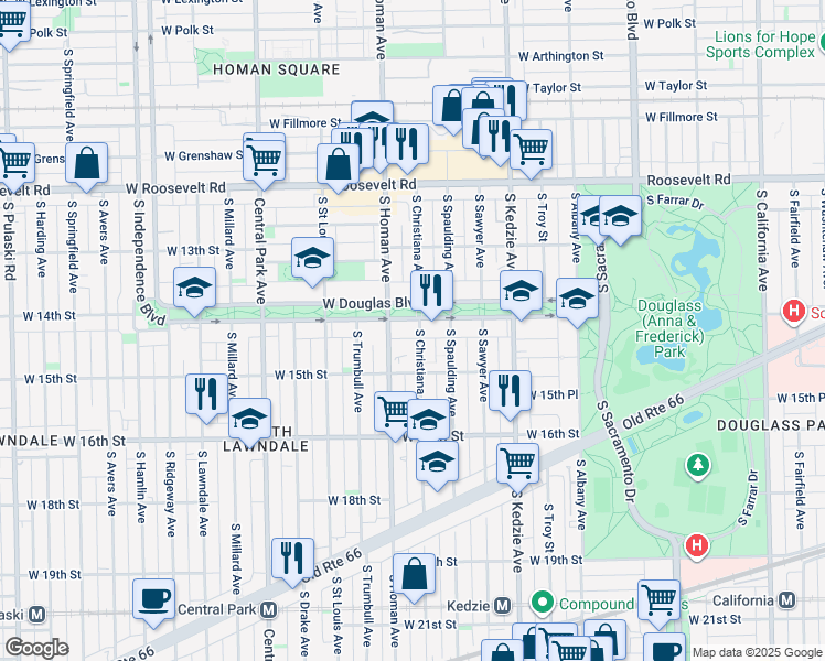 map of restaurants, bars, coffee shops, grocery stores, and more near 3341 West Douglas Boulevard in Chicago