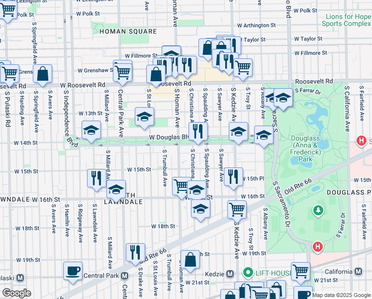 map of restaurants, bars, coffee shops, grocery stores, and more near 3341 West Douglas Boulevard in Chicago