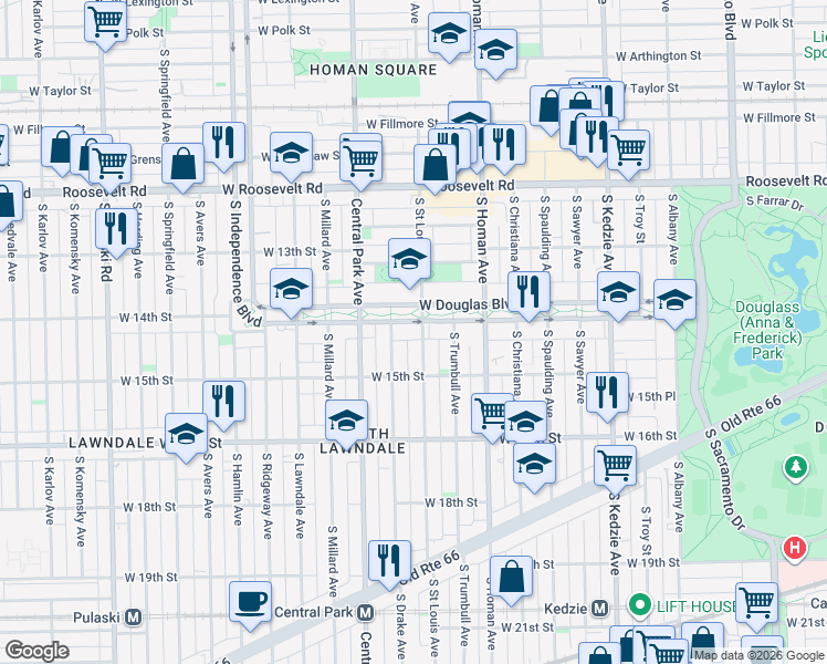map of restaurants, bars, coffee shops, grocery stores, and more near 3449 West Douglas Boulevard in Chicago