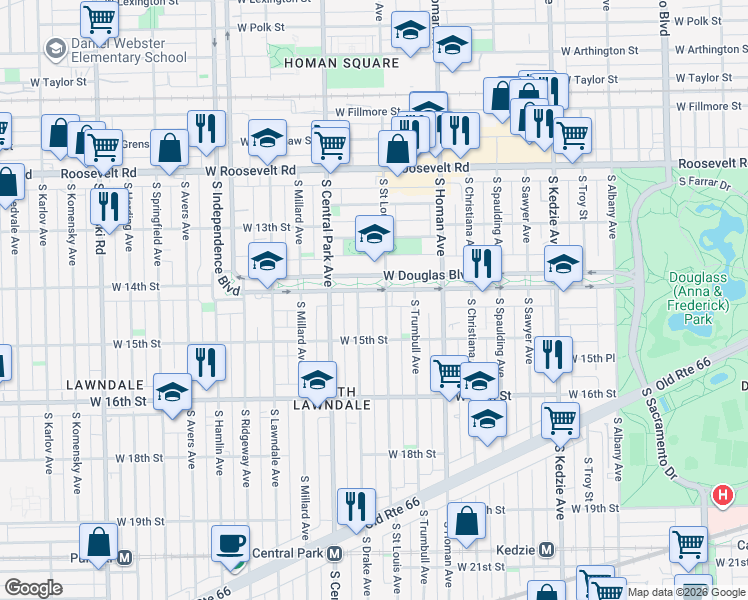 map of restaurants, bars, coffee shops, grocery stores, and more near 1409 South Drake Avenue in Chicago